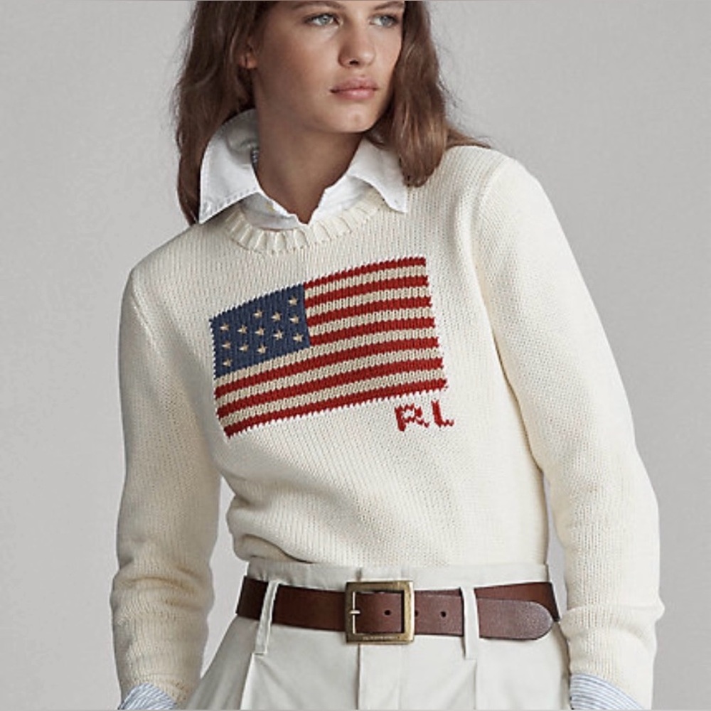 Polo by Ralph Lauren Cream Crewneck Sweater with American Flag